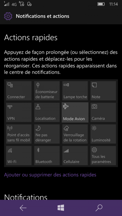actions rapides windows mobile 10