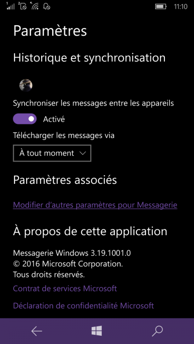synchronisation SMS windows mobile 10